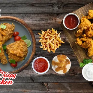 a plate of fried chicken, fries, salad and ketchup