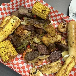Shrimp tray with Halal beef Italian Sausage