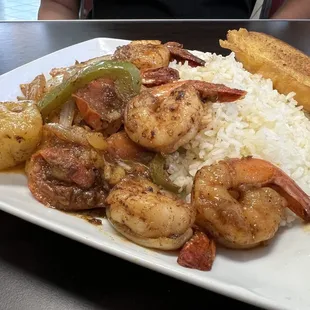 Cajun shrimp with rice plate.