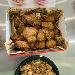 Boneless chicken with honey soy, plus fried rice with chicken