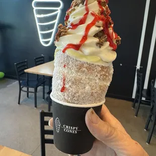 Pineapple coconut swirl with raspberry sauce &amp; peanut butter chips!