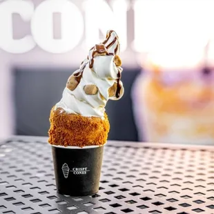 Biscoff Cone, Cookie Butter Spread, Vanilla Ice Cream, Cookie Dough Topping, Nutella Sauce