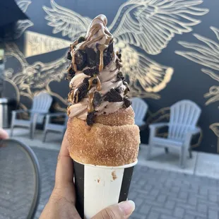 Custom made cone. I did the vanilla and chocolate swirl, Nutella spread, Oreos topping, and topped it off with cookie butter drizzle!