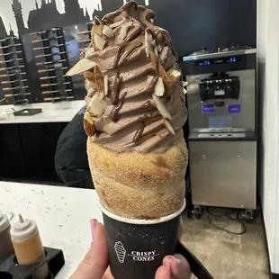 Traditional, peanut butter spread, chocolate soft serve, almonds and Nutella topping.