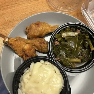 Chicken legs, greens &amp; mashed potatoes