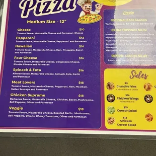 Pizza menu