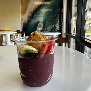 Small açaí bowl with strawberry, banana and peanut butter, hold the granola. It was perfect!!