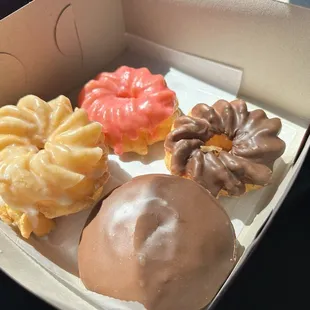 French crullers and a chocolate donut filled with Bavarian  cream. Yummy!