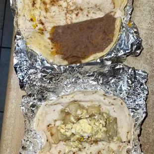 Bean &amp; cheese, potato &amp; egg tacos.