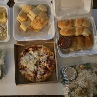 Breadsticks, Garlic Cheese Bread, Caesar Salad, Chicken Fettuccine, Pizza and Salad Combo