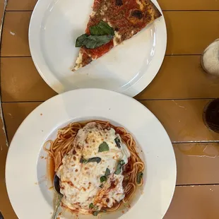 Margarita pizza with sausage &amp; chicken parmigiana..