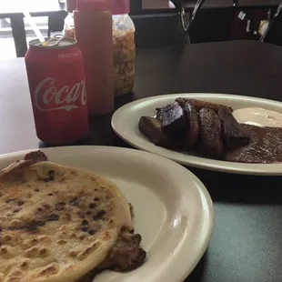 bean and cheese pupusa and platanos fritos and beans. Loved it all!