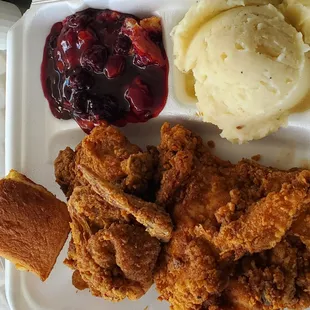 Fried chicken,  mashed potatoes,  and blackberry cobbler