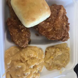 Fried Chicken, Roll, Macaroni n Cheese, Corn Pudding