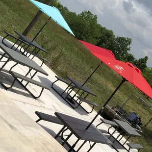 rows of lawn chairs and umbrellas