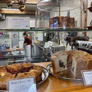 Sour cherry pie and Budapest Coffee Cake for sale at Crixa Cakes in Berkeley.