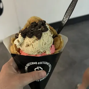 Puffle cone with fruity pebbles and cookie budder ice cream