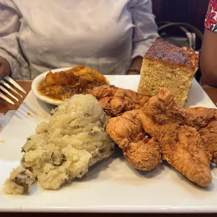 fried chicken, mashed potatoes, and gravy