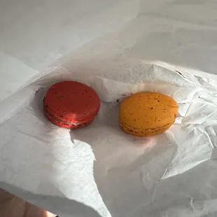 Strawberry verbena and mango passion macrons