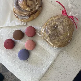 Macaroons, cinnamon roll, and snicker doodle cookies