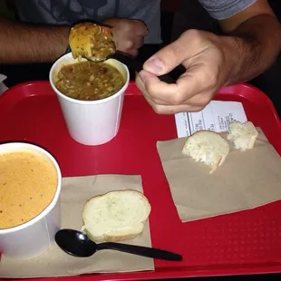 Large Lobster bisque and croc soup (gumbo) with bread.