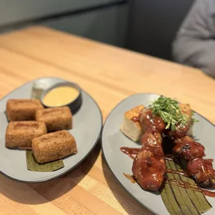 Appetizers Alcapurrias left, pinchos-right.