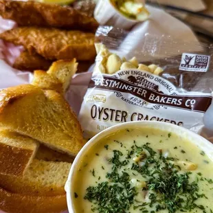 Clam Chowder, Fish and Chips (Fried Zucchini)