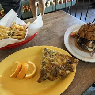 Daily quiche, burger, and garlic fries.
