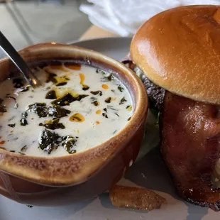 The Bacon Bacon Burger w/ Cup Creamy Sausage and Kale soup!