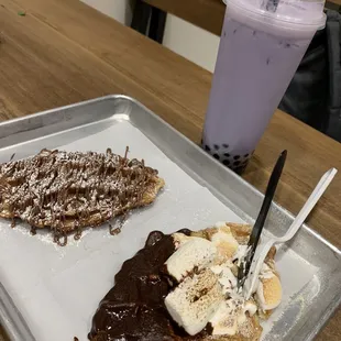 Nutella and s&apos;mores croffles, with taro boba cream tea