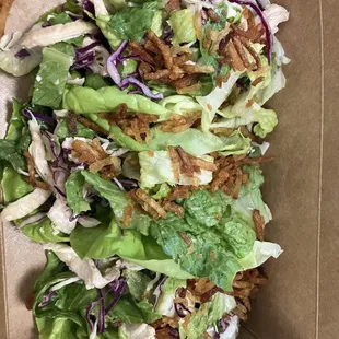Yummy!! Lettuce Wrap (Chinese Chicken Salad)  w/ butter lettuce wraps, cabbage slaw, jidori chicken, crisps, and peanut dressing