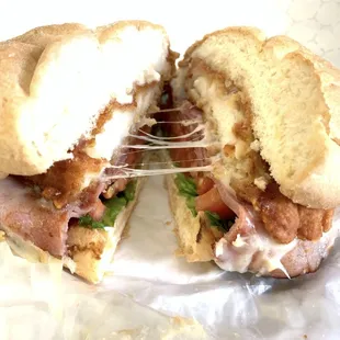 Chicken Cordon Bleu (Chicken filet, ham, lettuce, tomato, mayo) on Kaiser Roll