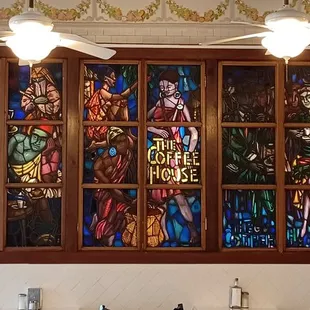 stained glass window in dining room
