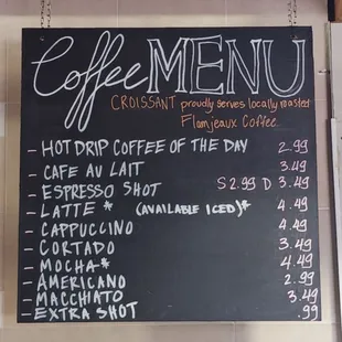 a menu for a coffee shop