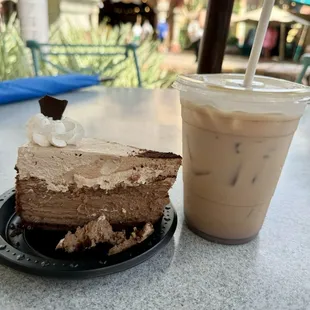 White and dark chocolate cheesecake with mocha latte