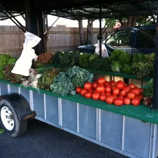 a vegetable stand in a parking lot