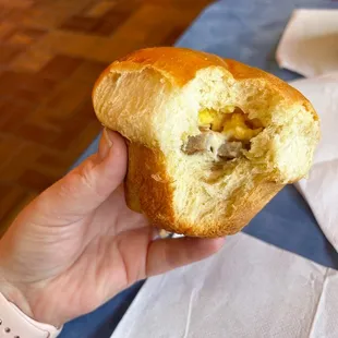 Yeast roll with sausage, egg, &amp; cheese