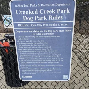 Dog park rules at Crooked Creek Park, Indian Trail