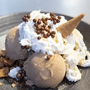 Broken Dreams: House Coffee Ice Cream, Broken Ice Cream Cones, Salted Caramel, Whipped Cream, Chocolate Pearls