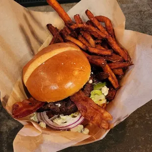 Bacon blue burger with sweet potato fries