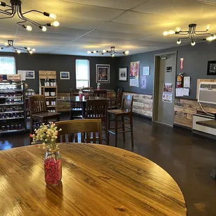 a wooden table and chairs