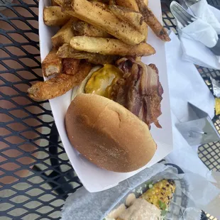 Peanut butter sriracha burger, fries, street corn