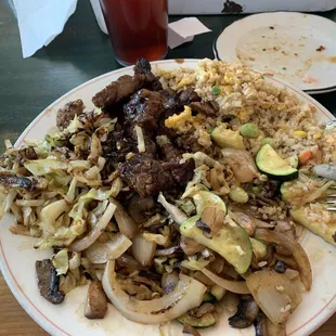 Kubuki Ribeye with fried cabbage, vegetables, and rice.