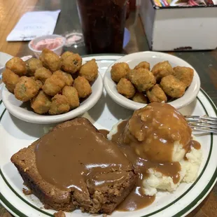 Meatloaf, mashed potatoes and fried okra