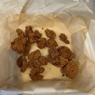 Boneless Chicken Wings to go, these were bits left from other orders, I am embarrassed for this account