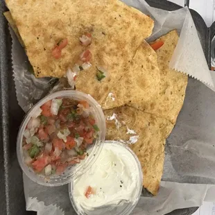 All Aboard Quesadilla. Think chicken fajita in quesadilla form. The pico de gallo