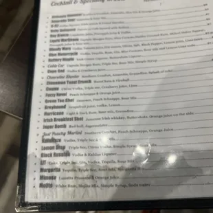 Drink menu