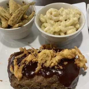 Meatloaf with fried okra and macaroni and cheese