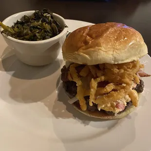 Caboose burger and collard greens