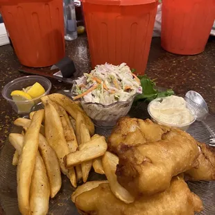 Fish and chips with Trash Can drinks (yes!!)